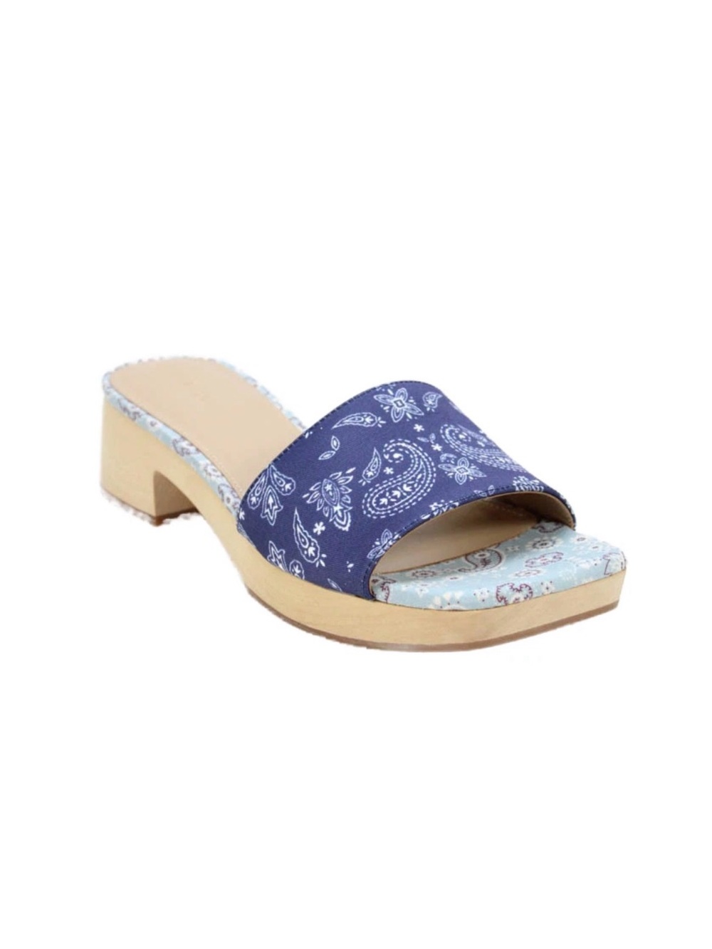 Villa Rouge Blue Paisley Bandana-Print Clogs Low Block Heel